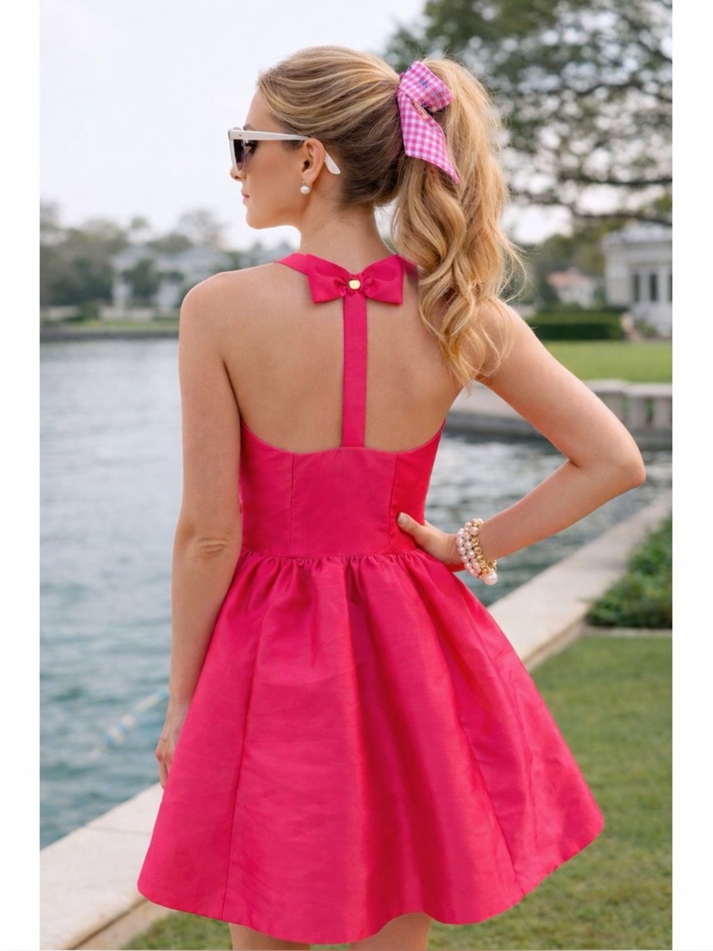 Kate Spade Hot Pink Bow Back Fit and Flare Satin Dress Size 14